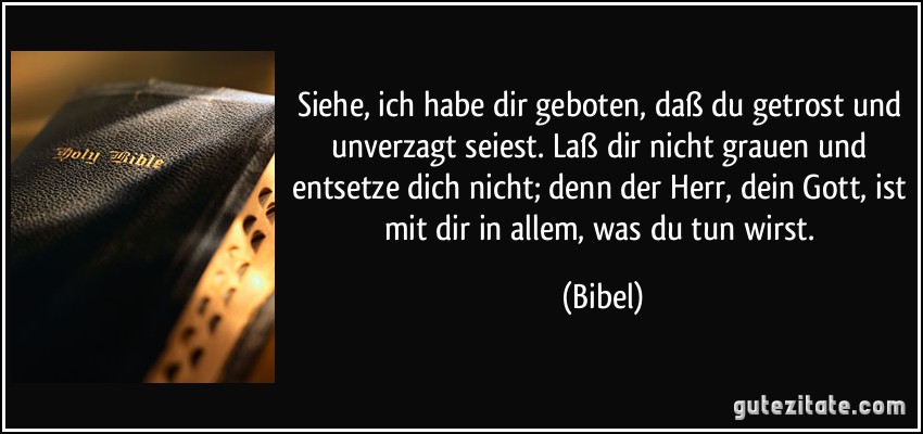 Siehe, ich habe dir geboten, daß du getrost und unverzagt seiest. Laß dir nicht grauen und entsetze dich nicht; denn der Herr, dein Gott, ist mit dir in allem, was du tun wirst. (Bibel)