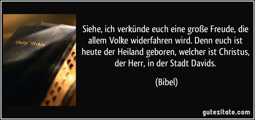 Siehe, ich verkünde euch eine große Freude, die allem Volke widerfahren wird. Denn euch ist heute der Heiland geboren, welcher ist Christus, der Herr, in der Stadt Davids. (Bibel)