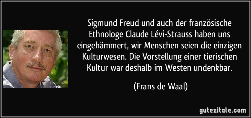 Sigmund Freud und auch der französische Ethnologe Claude Lévi-Strauss haben uns eingehämmert, wir Menschen seien die einzigen Kulturwesen. Die Vorstellung einer tierischen Kultur war deshalb im Westen undenkbar. (Frans de Waal)