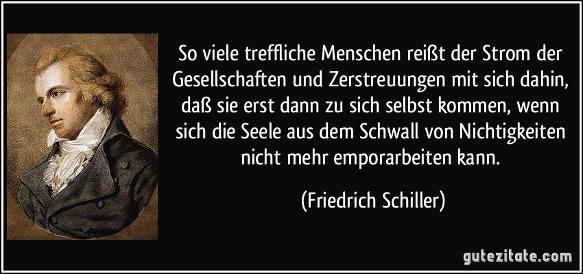 So viele treffliche Menschen reißt der Strom der Gesellschaften und Zerstreuungen mit sich dahin, daß sie erst dann zu sich selbst kommen, wenn sich die Seele aus dem Schwall von Nichtigkeiten nicht mehr emporarbeiten kann. (Friedrich Schiller)