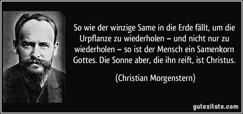 So wie der winzige Same in die Erde fällt, um die Urpflanze zu wiederholen – und nicht nur zu wiederholen – so ist der Mensch ein Samenkorn Gottes. Die Sonne aber, die ihn reift, ist Christus. (Christian Morgenstern)