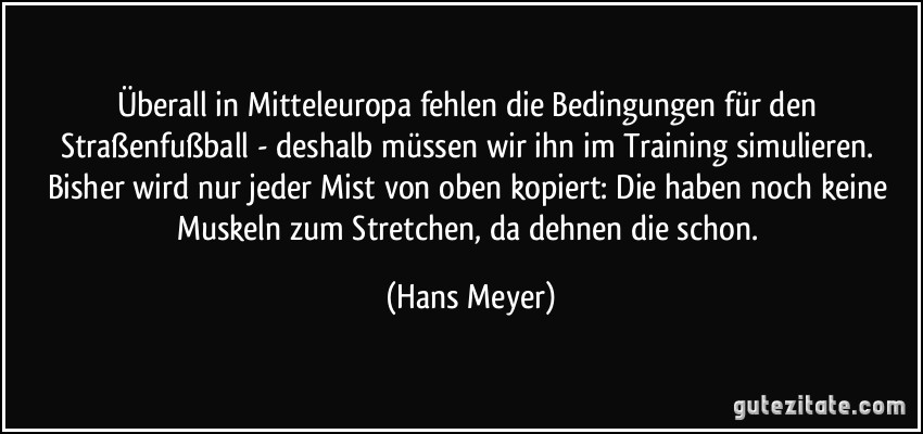 Überall in Mitteleuropa fehlen die Bedingungen für den Straßenfußball - deshalb müssen wir ihn im Training simulieren. Bisher wird nur jeder Mist von oben kopiert: Die haben noch keine Muskeln zum Stretchen, da dehnen die schon. (Hans Meyer)