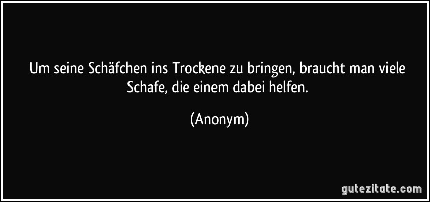 Um seine Schäfchen ins Trockene zu bringen, braucht man viele Schafe, die einem dabei helfen. (Anonym)