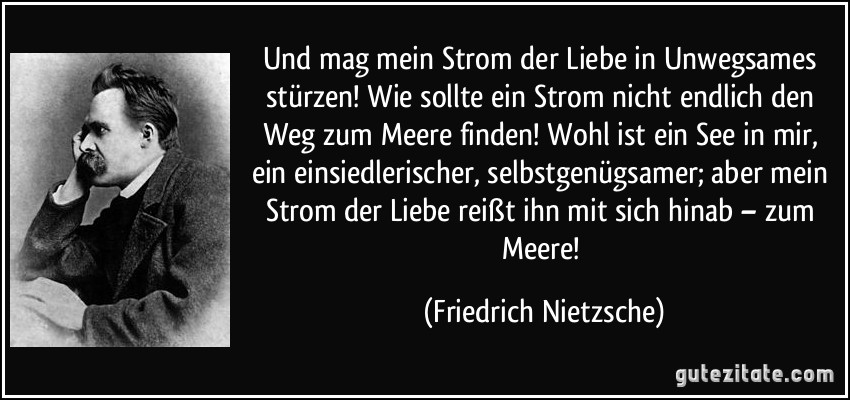 Und mag mein Strom der Liebe in Unwegsames stürzen! Wie sollte ein Strom nicht endlich den Weg zum Meere finden! Wohl ist ein See in mir, ein einsiedlerischer, selbstgenügsamer; aber mein Strom der Liebe reißt ihn mit sich hinab – zum Meere! (Friedrich Nietzsche)