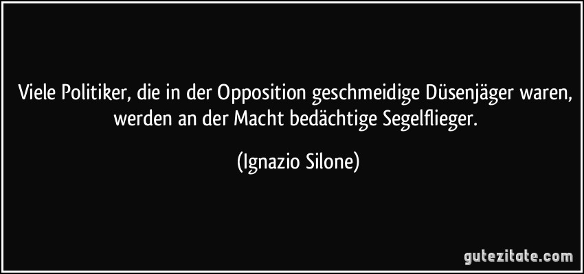 Viele Politiker, die in der Opposition geschmeidige Düsenjäger waren, werden an der Macht bedächtige Segelflieger. (Ignazio Silone)