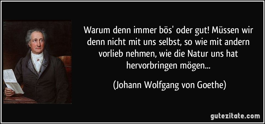 Warum denn immer bös' oder gut! Müssen wir denn nicht mit uns selbst, so wie mit andern vorlieb nehmen, wie die Natur uns hat hervorbringen mögen... (Johann Wolfgang von Goethe)