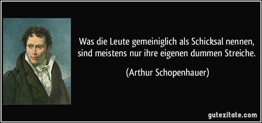 Was die Leute gemeiniglich als Schicksal nennen, sind meistens nur ihre eigenen dummen Streiche. (Arthur Schopenhauer)