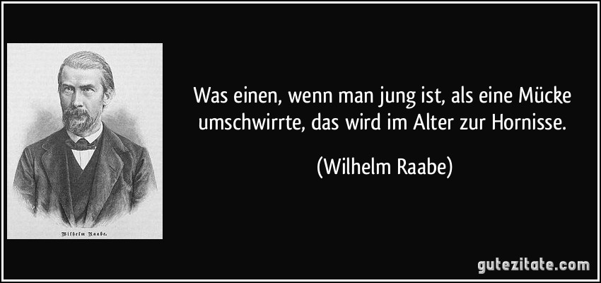 Was einen, wenn man jung ist, als eine Mücke umschwirrte, das wird im Alter zur Hornisse. (Wilhelm Raabe)