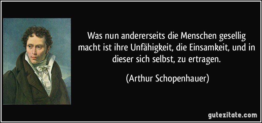 Was nun andererseits die Menschen gesellig macht ist ihre Unfähigkeit, die Einsamkeit, und in dieser sich selbst, zu ertragen. (Arthur Schopenhauer)