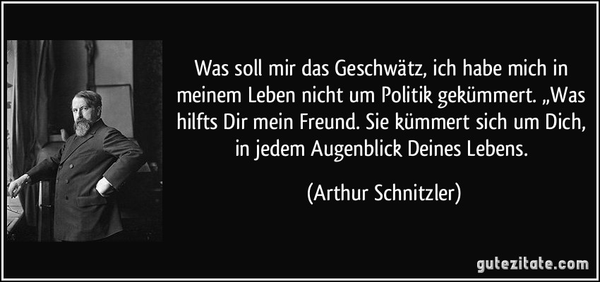 Was soll mir das Geschwätz, ich habe mich in meinem Leben nicht um Politik gekümmert. „Was hilfts Dir mein Freund. Sie kümmert sich um Dich, in jedem Augenblick Deines Lebens. (Arthur Schnitzler)