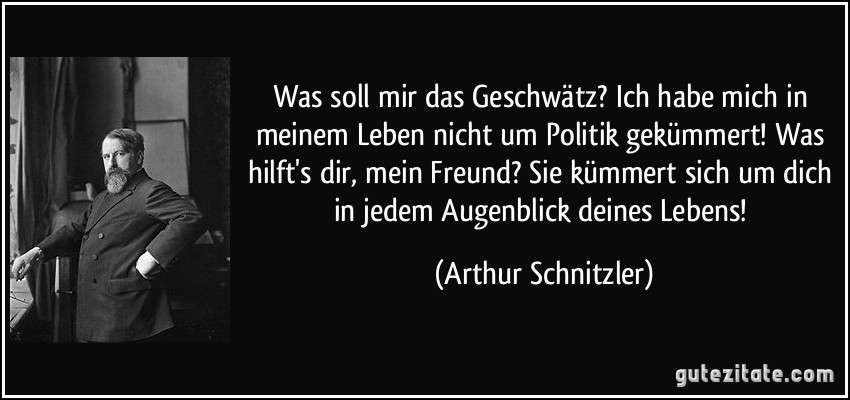 Was soll mir das Geschwätz? Ich habe mich in meinem Leben nicht um Politik gekümmert! Was hilft's dir, mein Freund? Sie kümmert sich um dich in jedem Augenblick deines Lebens! (Arthur Schnitzler)