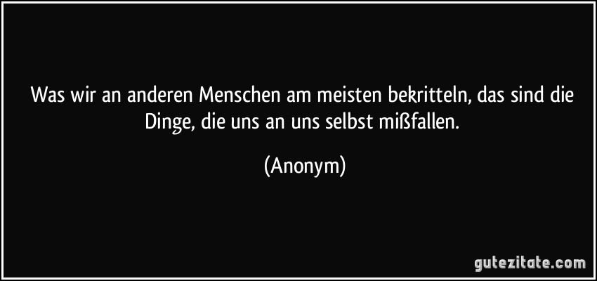 Was wir an anderen Menschen am meisten bekritteln, das sind die Dinge, die uns an uns selbst mißfallen. (Anonym)