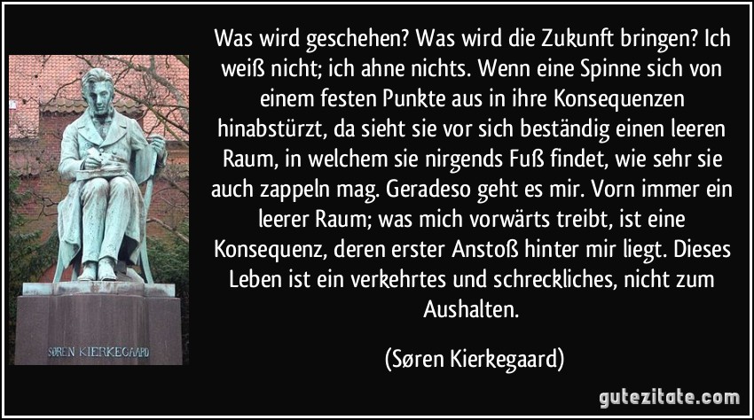 Was wird geschehen? Was wird die Zukunft bringen? Ich weiß nicht; ich ahne nichts. Wenn eine Spinne sich von einem festen Punkte aus in ihre Konsequenzen hinabstürzt, da sieht sie vor sich beständig einen leeren Raum, in welchem sie nirgends Fuß findet, wie sehr sie auch zappeln mag. Geradeso geht es mir. Vorn immer ein leerer Raum; was mich vorwärts treibt, ist eine Konsequenz, deren erster Anstoß hinter mir liegt. Dieses Leben ist ein verkehrtes und schreckliches, nicht zum Aushalten. (Søren Kierkegaard)