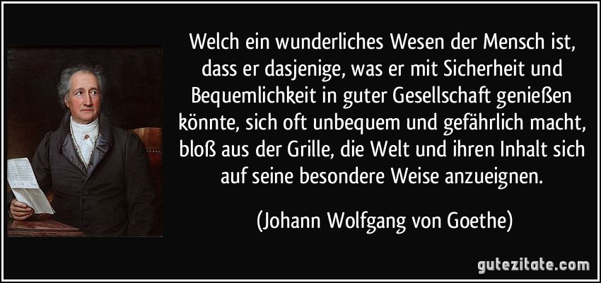 Welch ein wunderliches Wesen der Mensch ist, dass er dasjenige, was er mit Sicherheit und Bequemlichkeit in guter Gesellschaft genießen könnte, sich oft unbequem und gefährlich macht, bloß aus der Grille, die Welt und ihren Inhalt sich auf seine besondere Weise anzueignen. (Johann Wolfgang von Goethe)