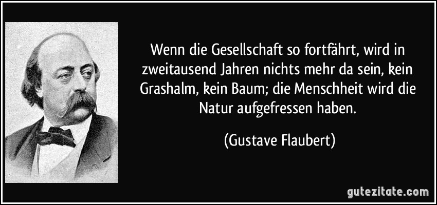 Wenn die Gesellschaft so fortfährt, wird in zweitausend Jahren nichts mehr da sein, kein Grashalm, kein Baum; die Menschheit wird die Natur aufgefressen haben. (Gustave Flaubert)