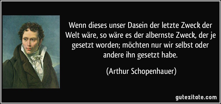 Wenn dieses unser Dasein der letzte Zweck der Welt wäre, so wäre es der albernste Zweck, der je gesetzt worden; möchten nur wir selbst oder andere ihn gesetzt habe. (Arthur Schopenhauer)