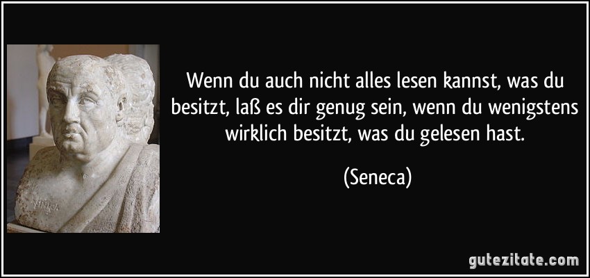 Wenn du auch nicht alles lesen kannst, was du besitzt, laß es dir genug sein, wenn du wenigstens wirklich besitzt, was du gelesen hast. (Seneca)