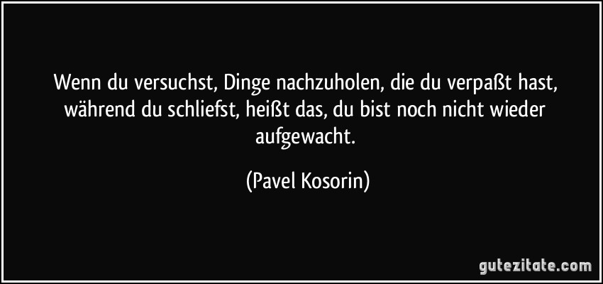Wenn du versuchst, Dinge nachzuholen, die du verpaßt hast, während du schliefst, heißt das, du bist noch nicht wieder aufgewacht. (Pavel Kosorin)