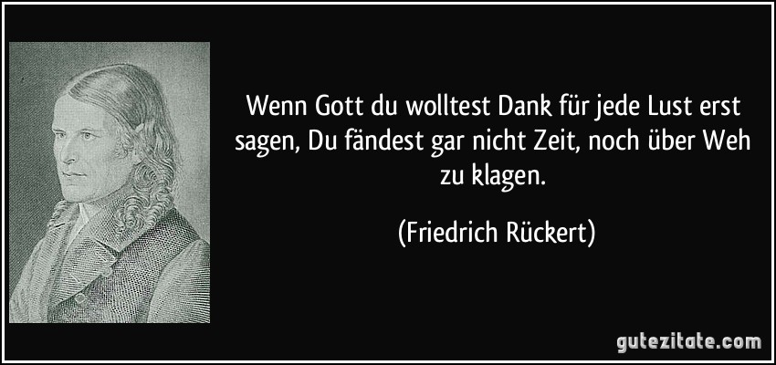 Wenn Gott du wolltest Dank für jede Lust erst sagen, Du fändest gar nicht Zeit, noch über Weh zu klagen. (Friedrich Rückert)