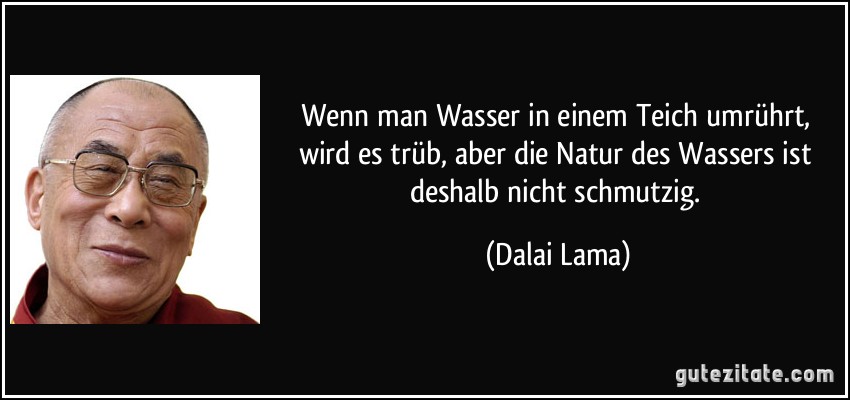 Wenn man Wasser in einem Teich umrührt, wird es trüb, aber die Natur des Wassers ist deshalb nicht schmutzig. (Dalai Lama)