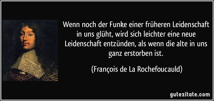 Wenn noch der Funke einer früheren Leidenschaft in uns glüht, wird sich leichter eine neue Leidenschaft entzünden, als wenn die alte in uns ganz erstorben ist. (François de La Rochefoucauld)