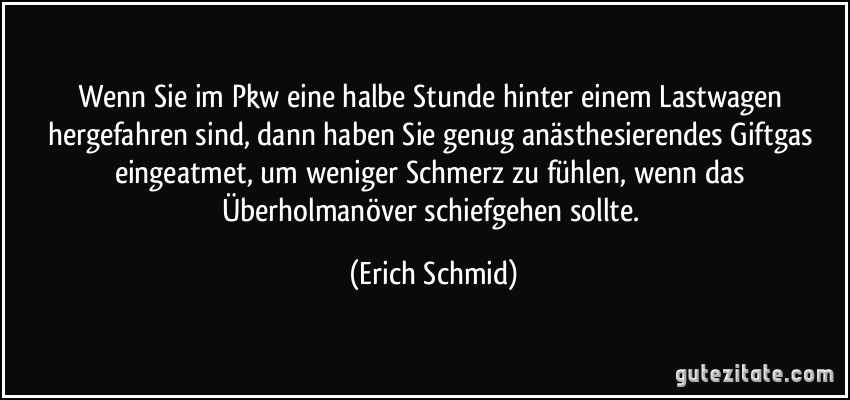 Wenn Sie im Pkw eine halbe Stunde hinter einem Lastwagen hergefahren sind, dann haben Sie genug anästhesierendes Giftgas eingeatmet, um weniger Schmerz zu fühlen, wenn das Überholmanöver schiefgehen sollte. (Erich Schmid)