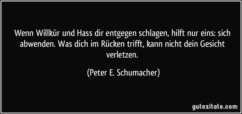 Wenn Willkür und Hass dir entgegen schlagen, hilft nur eins: sich abwenden. Was dich im Rücken trifft, kann nicht dein Gesicht verletzen. (Peter E. Schumacher)