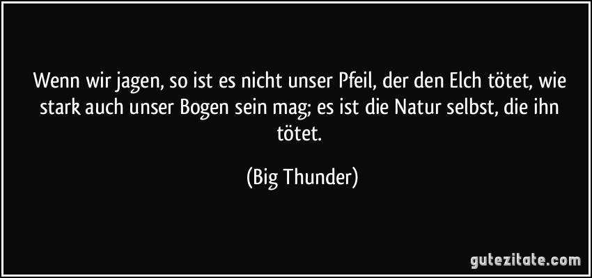 Wenn wir jagen, so ist es nicht unser Pfeil, der den Elch tötet, wie stark auch unser Bogen sein mag; es ist die Natur selbst, die ihn tötet. (Big Thunder)