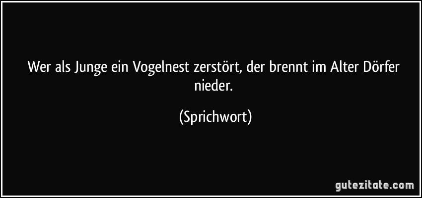 Wer als Junge ein Vogelnest zerstört, der brennt im Alter Dörfer nieder. (Sprichwort)