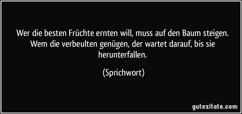 Wer die besten Früchte ernten will, muss auf den Baum steigen. Wem die verbeulten genügen, der wartet darauf, bis sie herunterfallen. (Sprichwort)