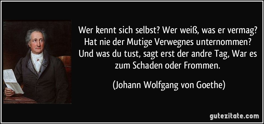 Wer kennt sich selbst? Wer weiß, was er vermag? Hat nie der Mutige Verwegnes unternommen? Und was du tust, sagt erst der andre Tag, War es zum Schaden oder Frommen. (Johann Wolfgang von Goethe)