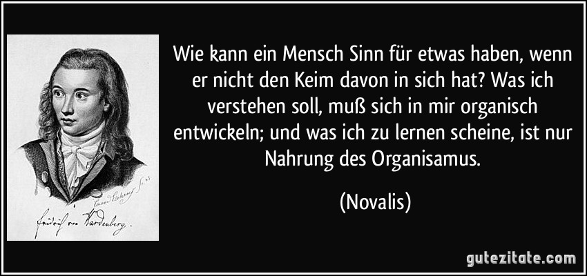 Wie kann ein Mensch Sinn für etwas haben, wenn er nicht den Keim davon in sich hat? Was ich verstehen soll, muß sich in mir organisch entwickeln; und was ich zu lernen scheine, ist nur Nahrung des Organisamus. (Novalis)