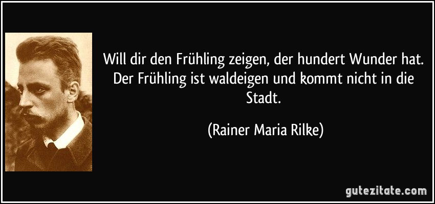 Will dir den Frühling zeigen, der hundert Wunder hat. Der Frühling ist waldeigen und kommt nicht in die Stadt. (Rainer Maria Rilke) Will dir den Frühling zeigen, der hundert Wunder hat. Der Frühling ist waldeigen und kommt nicht in die Stadt. (Rainer Maria Rilke)