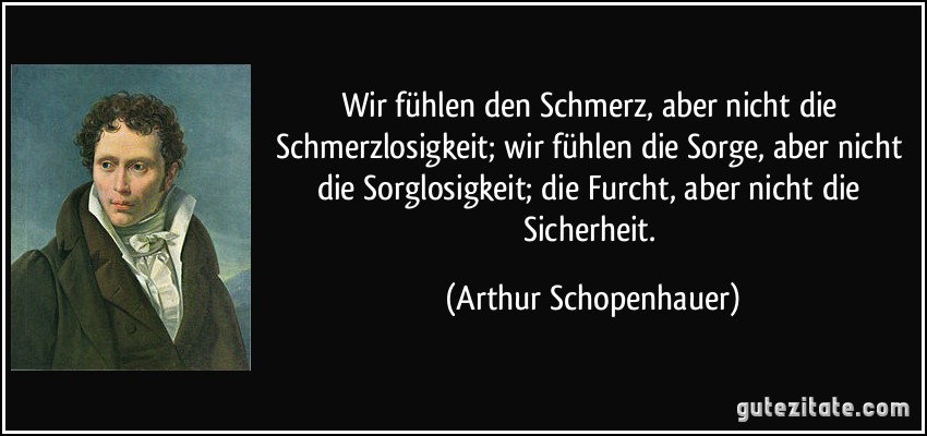 Wir fühlen den Schmerz, aber nicht die Schmerzlosigkeit; wir fühlen die Sorge, aber nicht die Sorglosigkeit; die Furcht, aber nicht die Sicherheit. (Arthur Schopenhauer)
