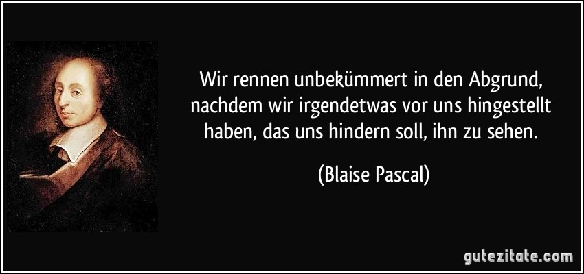 Wir rennen unbekümmert in den Abgrund, nachdem wir irgendetwas vor uns hingestellt haben, das uns hindern soll, ihn zu sehen. (Blaise Pascal)