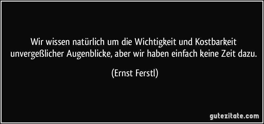 Wir wissen natürlich um die Wichtigkeit und Kostbarkeit unvergeßlicher Augenblicke, aber wir haben einfach keine Zeit dazu. (Ernst Ferstl)