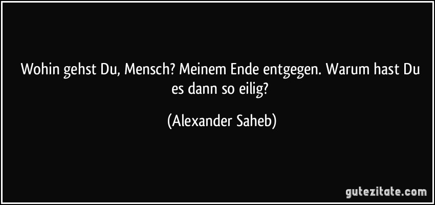 Wohin gehst Du, Mensch? Meinem Ende entgegen. Warum hast Du es dann so eilig? (Alexander Saheb)