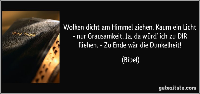 Wolken dicht am Himmel ziehen. Kaum ein Licht - nur Grausamkeit. Ja, da würd' ich zu DIR fliehen. - Zu Ende wär die Dunkelheit! (Bibel)