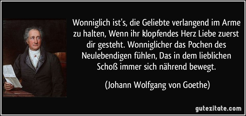 Wonniglich ist's, die Geliebte verlangend im Arme zu halten, Wenn ihr klopfendes Herz Liebe zuerst dir gesteht. Wonniglicher das Pochen des Neulebendigen fühlen, Das in dem lieblichen Schoß immer sich nährend bewegt. (Johann Wolfgang von Goethe)