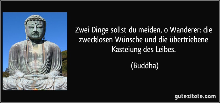 Zwei Dinge sollst du meiden, o Wanderer: die zwecklosen Wünsche und die übertriebene Kasteiung des Leibes. (Buddha)